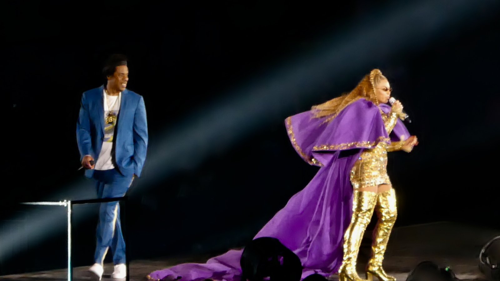 Jay-Z and Beyoncé on stage during the On the Run II tour in 2018