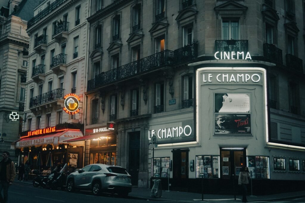 Le Champo cinema in Paris's Latin Quarter at dusk — new films and box office this week