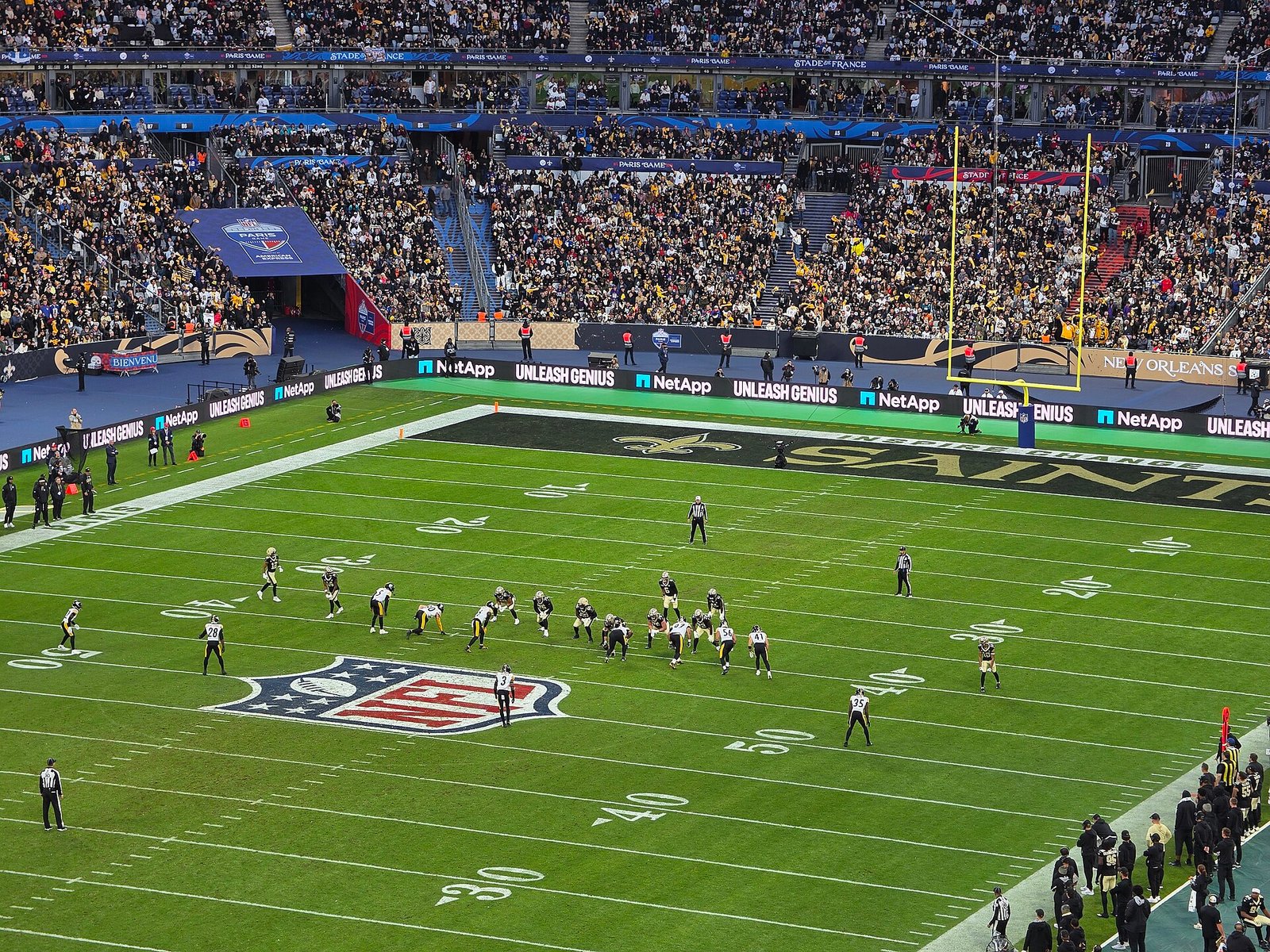 Steelers and Saints on the field at a packed Stade de France, the first NFL game in France